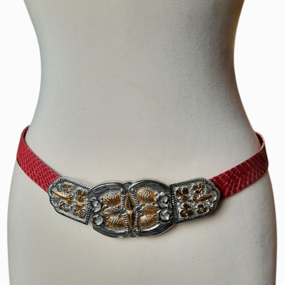 Vtg ALEXIS KIRK Red Snakeskin Belt w/ 2pc Gold/Silver Etruscan Style Buckle O/S